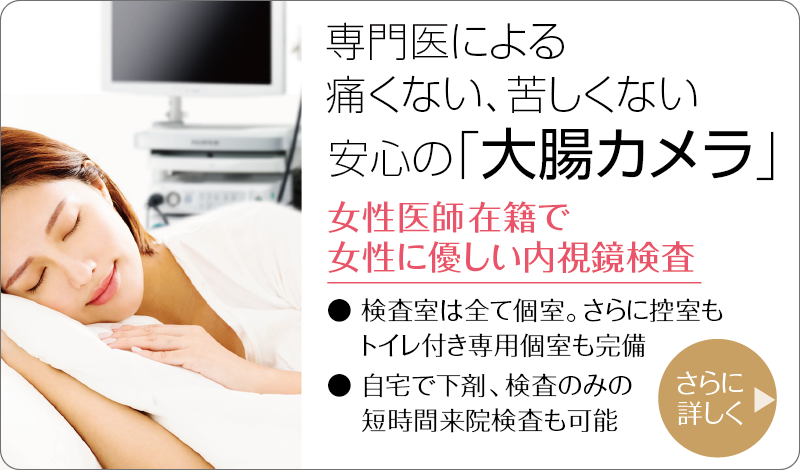 専門医による痛くない、苦しくない安心の「大腸カメラ」〜女性医師在籍で女性に優しい内視鏡検査 検査室は全て個室。控室もトイレ付き専用個室も完備。自宅で下剤、検査のみの短時間来院検査も可能。