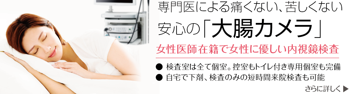 専門医による痛くない、苦しくない安心の「大腸カメラ」〜女性医師在籍で女性に優しい内視鏡検査 検査室は全て個室。控室もトイレ付き専用個室も完備。自宅で下剤、検査のみの短時間来院検査も可能。